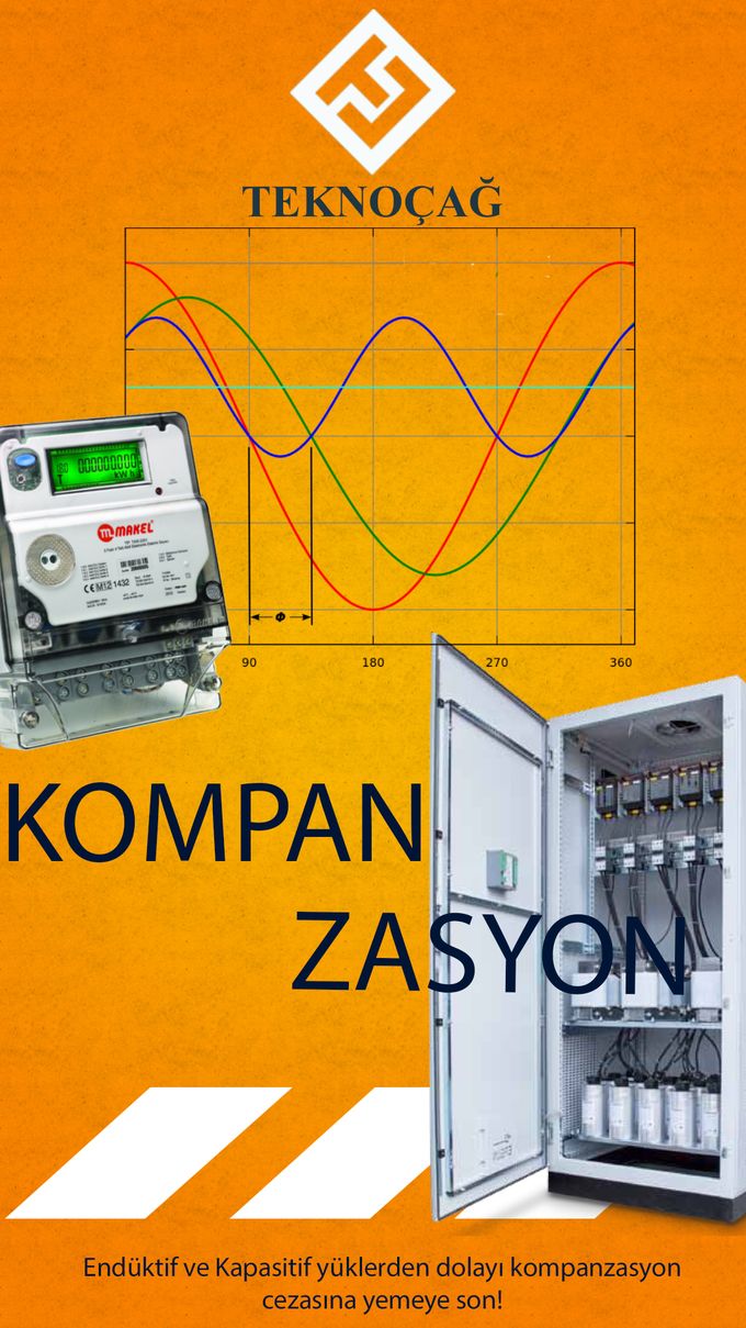 Teknoçağ kompanzasyon afişi: elektrik sayacı ve kompanzasyon panosu