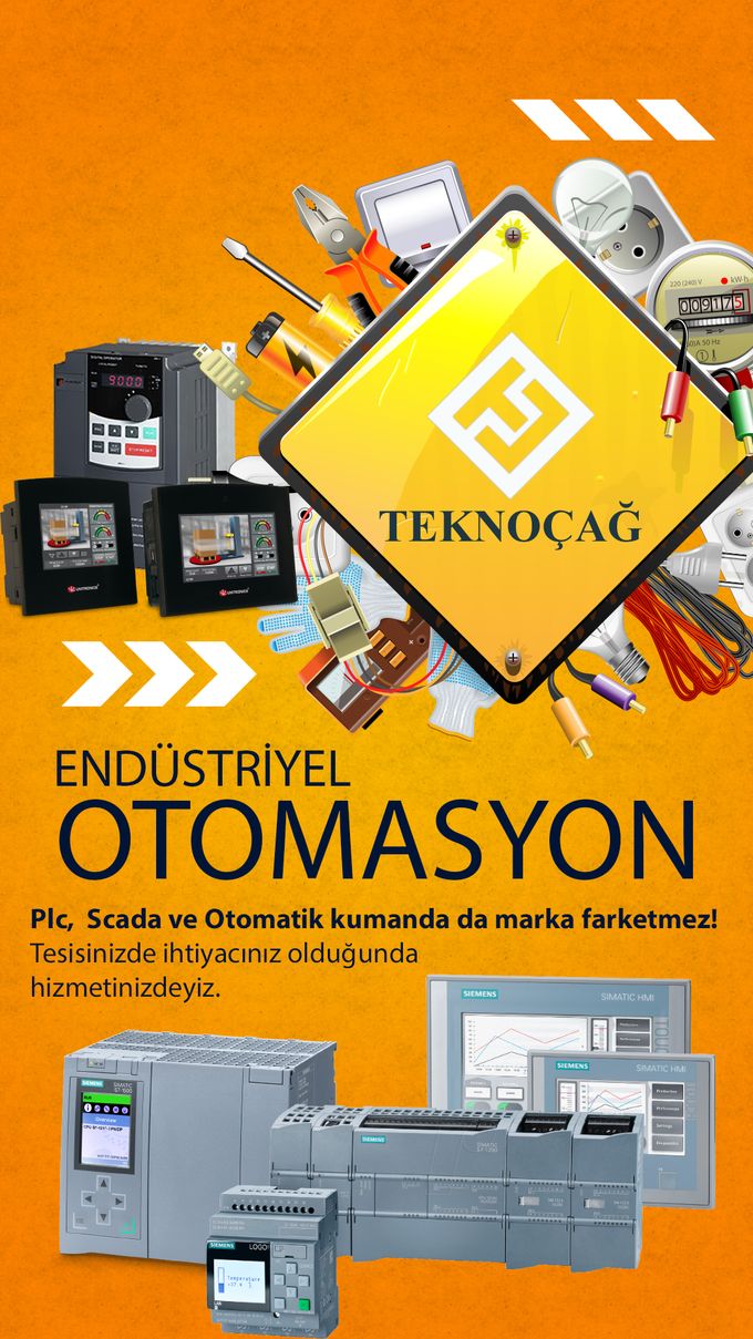 Teknoçağ endüstriyel otomasyon afişi: PLC, operatör paneli ve sürücüler